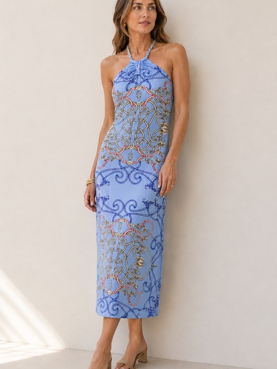 J Mclaughlin Dresses & Skirts - J. McLaughlin Blue Equestrian Scarf Print Halter Maxi Dress Size S Resort
